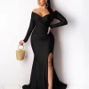 Elegant Long Sleeve Off-Shoulder Maxi Dress - Party