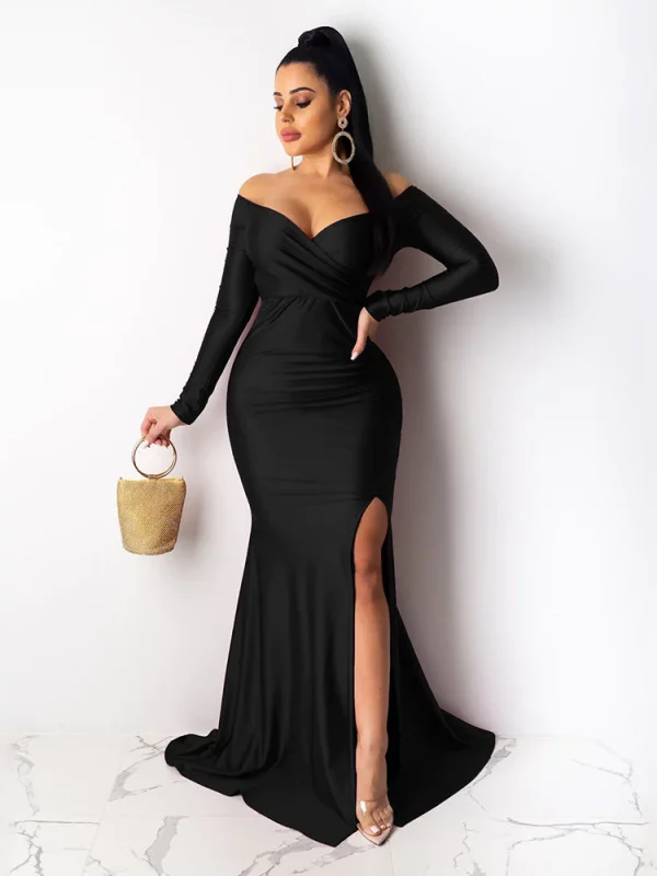 Elegant Long Sleeve Off-Shoulder Maxi Dress - Party