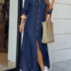 Casual Denim Dress with Button Slit Detail