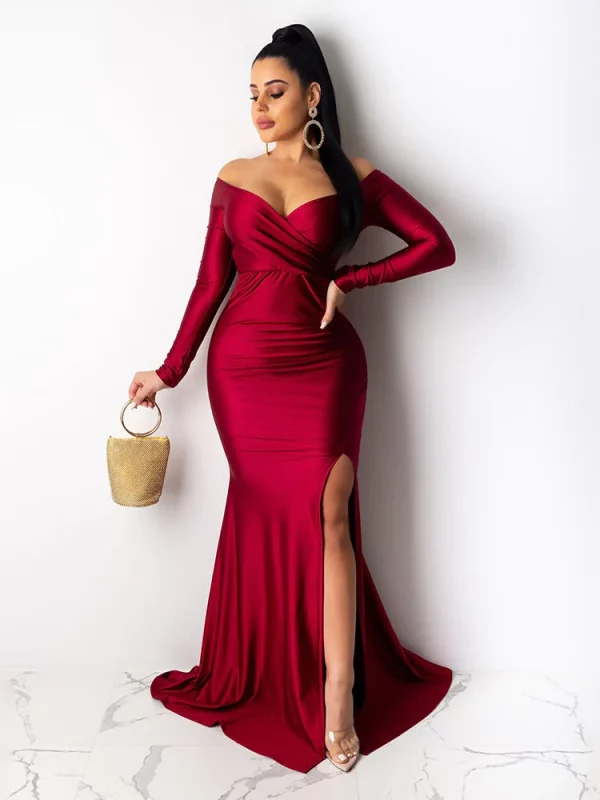 Elegant Long Sleeve Off-Shoulder Maxi Dress - Party