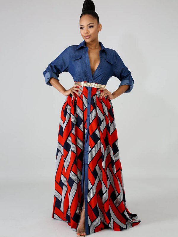 Stylish Denim Maxi: Plaid Patchwork Long Sleeve Dress