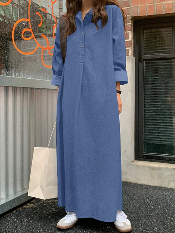 Button-Up Lapel Denim Dress for Spring & Autumn