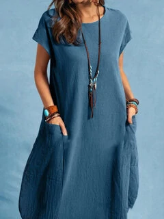 Classic Short Sleeve Cotton Dress with Pockets