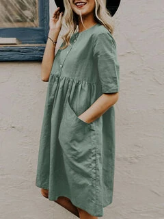 Short Sleeve Casual Cotton Midi Summer Dress