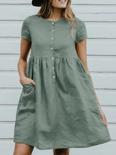 Short Sleeve Casual Cotton Midi Summer Dress