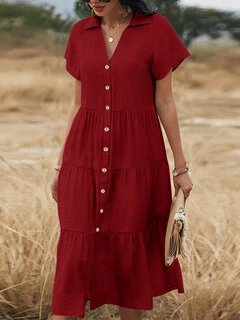 Classic Lapel Short Sleeve Dress for Summer