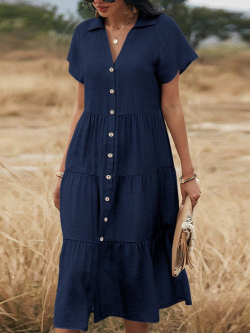 Classic Lapel Short Sleeve Dress for Summer