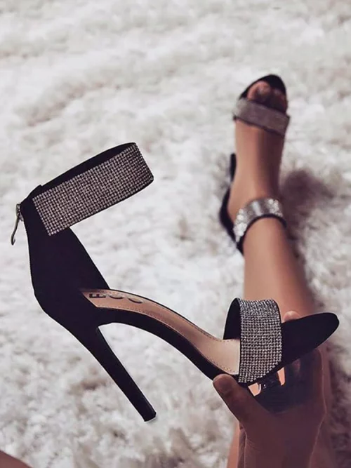 Rhinestone-Adorned Ankle Strap High Heel Sandals