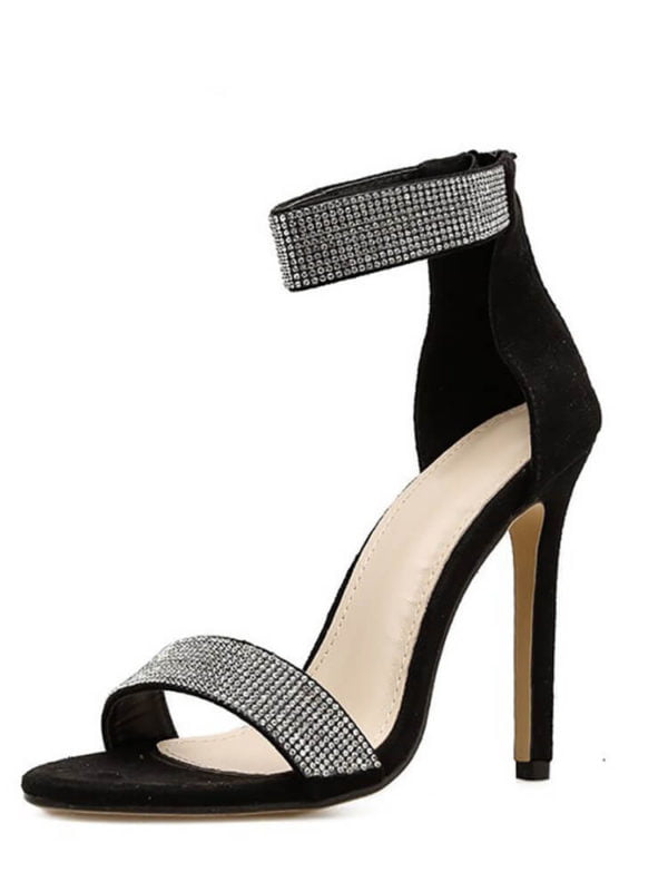 Rhinestone-Adorned Ankle Strap High Heel Sandals