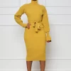 Midi Dresses with High Neck and Long Sleeves in Solid Colors