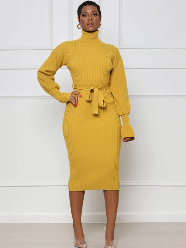 Midi Dresses with High Neck and Long Sleeves in Solid Colors