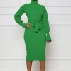 Midi Dresses with High Neck and Long Sleeves in Solid Colors