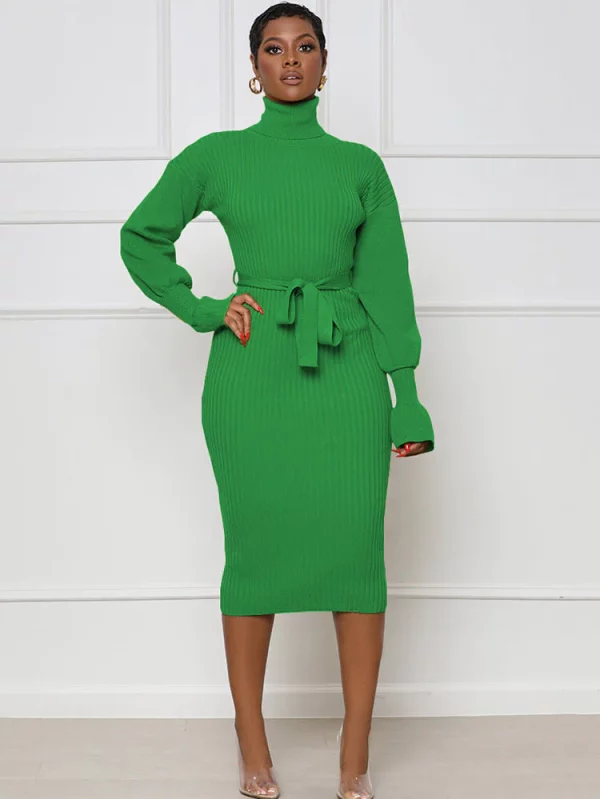 Midi Dresses with High Neck and Long Sleeves in Solid Colors