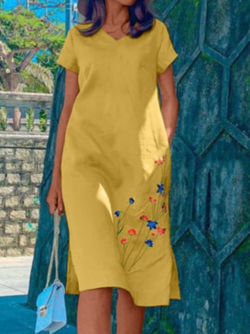 Women's Cotton Dress featuring V-Neck, Floral Embroidery, and a Side Slit