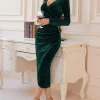 Velvet Vogue in V Neck Ruched Midi Glam Dresses