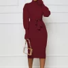 Midi Dresses with High Neck and Long Sleeves in Solid Colors