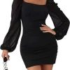 Body-Hugging Mesh Mini Dress with Ruched and Long Sleeves