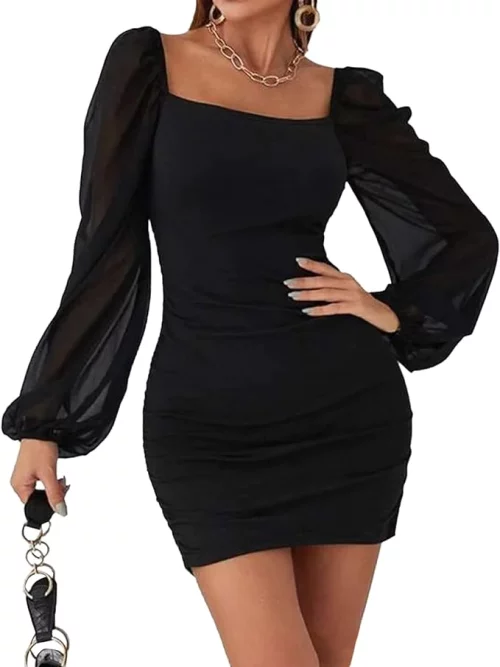 Body-Hugging Mesh Mini Dress with Ruched and Long Sleeves