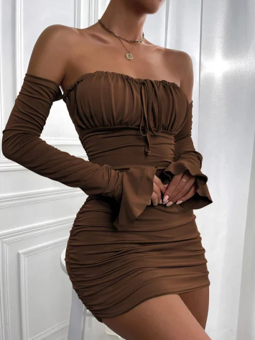 Long Sleeve Ruched Mini Dress featuring Off-Shoulder Style