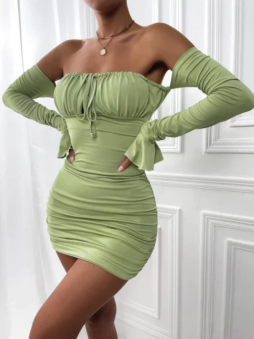 Long Sleeve Ruched Mini Dress featuring Off-Shoulder Style