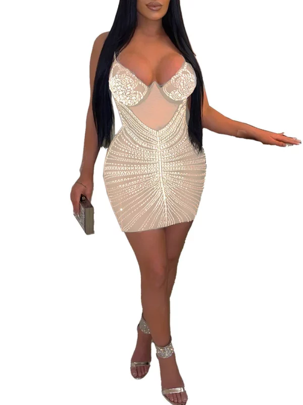 Spaghetti Strap Mini Dress: Rhinestone Mesh Bodycon Elegance