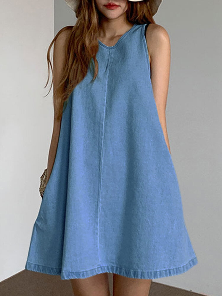 Sleeveless Crew Neck Denim Casual Dress