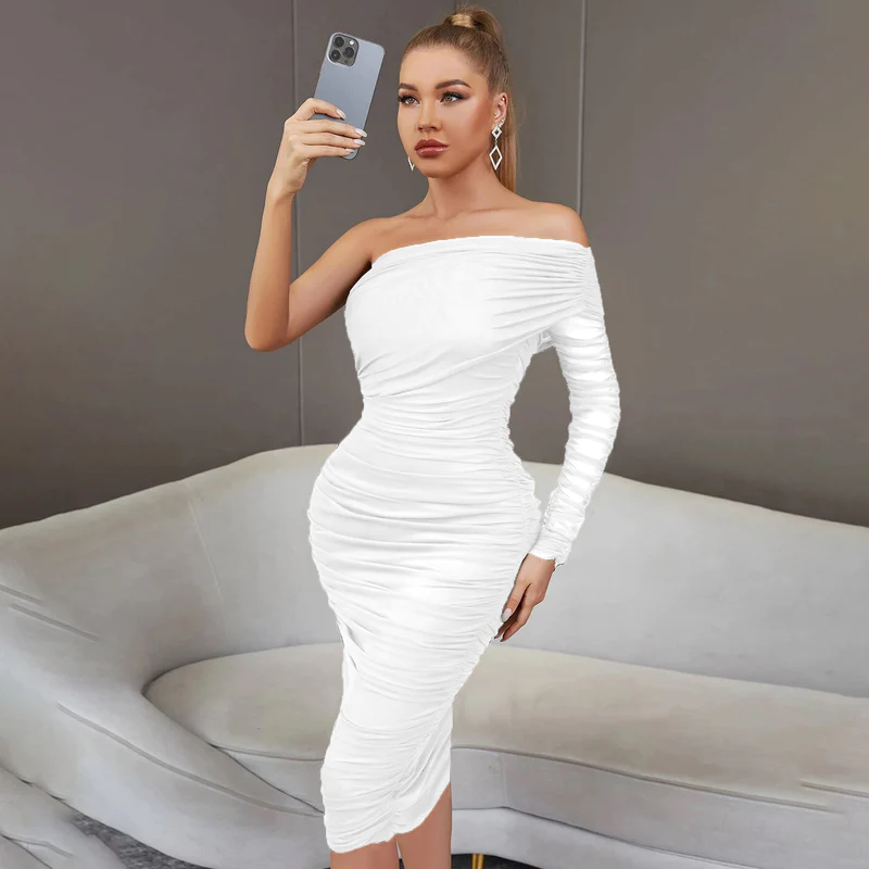 Asymmetrical Sleeve Off-Shoulder Midi Dress:​