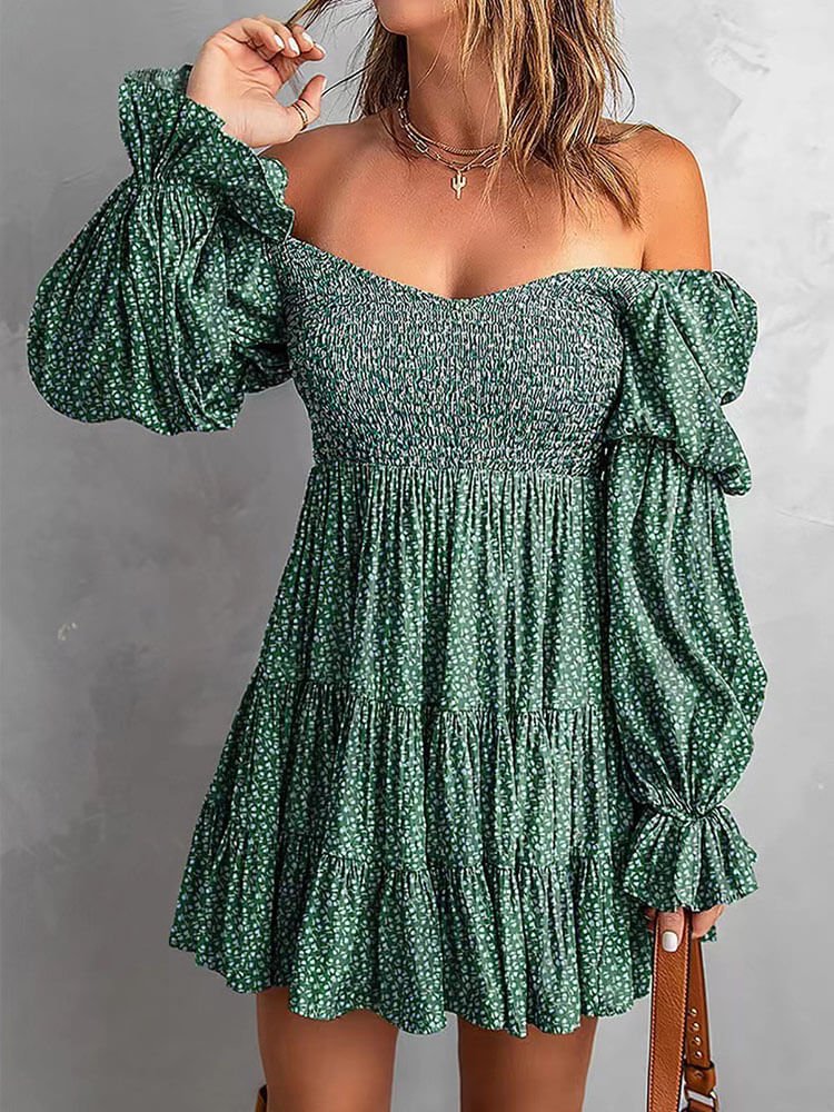 Ruffle Hem Long Sleeves Off Shoulder Mini Dress:​