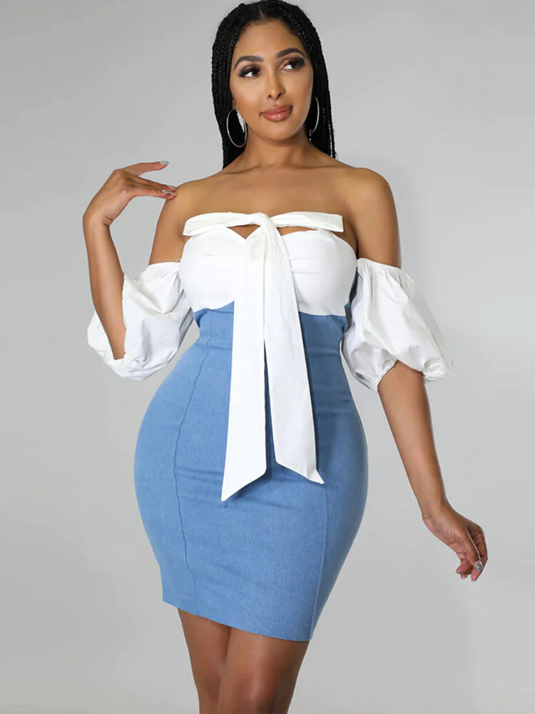 Off-Shoulder Denim Patchwork Mini Dress: