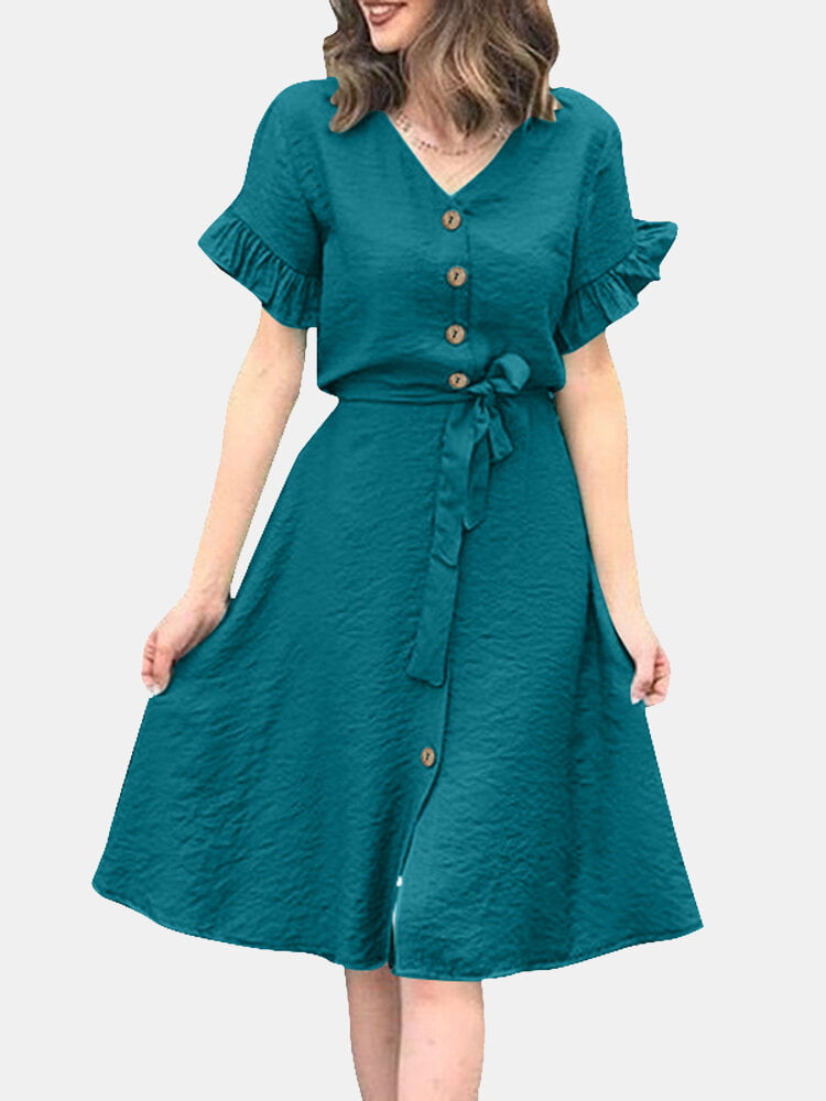 Solid Button Ruffle Sleeve V-neck Dress