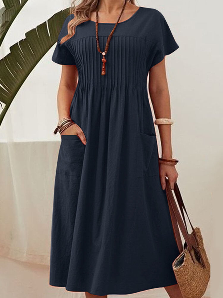 Women's Solid Pleated Crew Neck Casual Dress