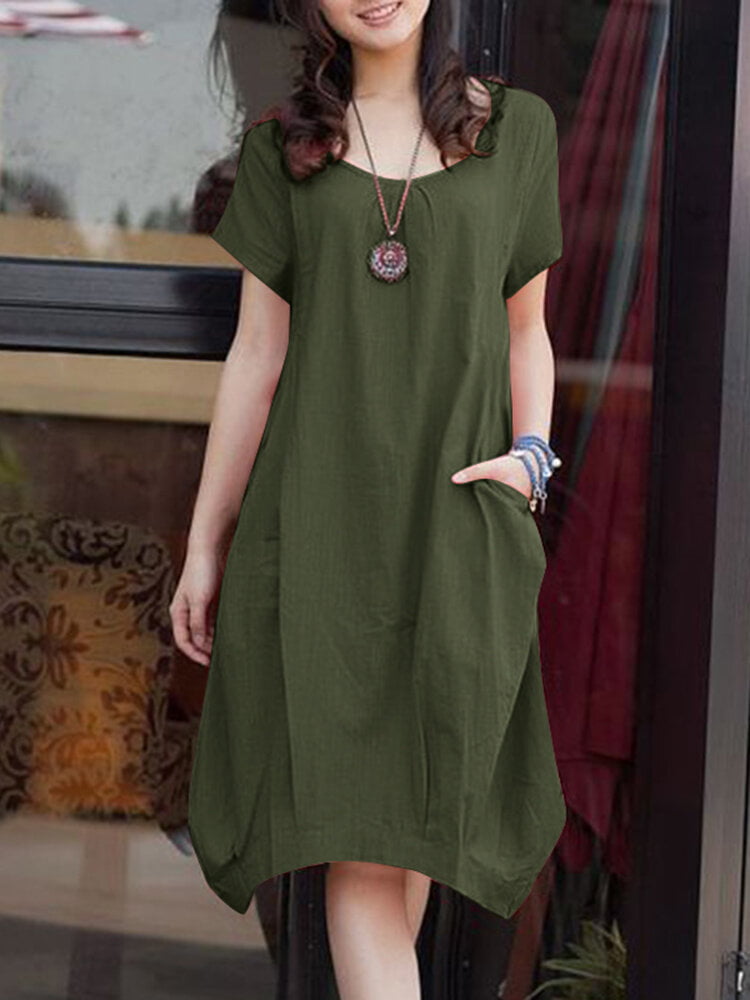 Short Sleeve O-neck Pocket Cotton Dress