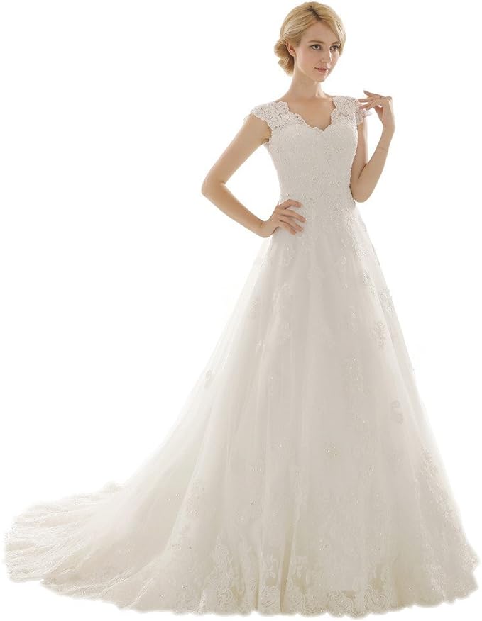 V Neck A-line Vintage Lace Wedding Dress