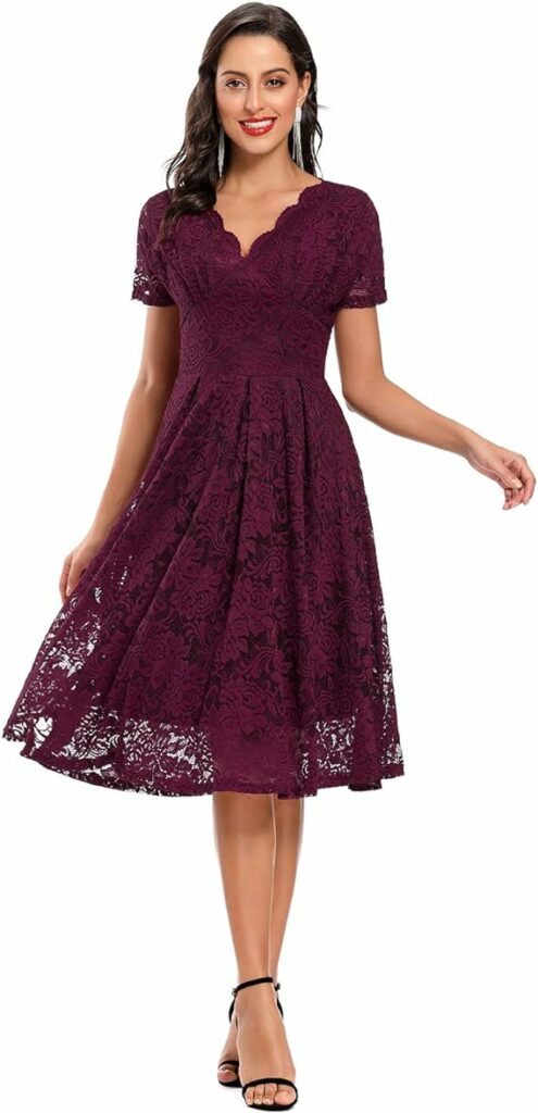 Vintage V Neck Floral Lace Short Sleeve Dress