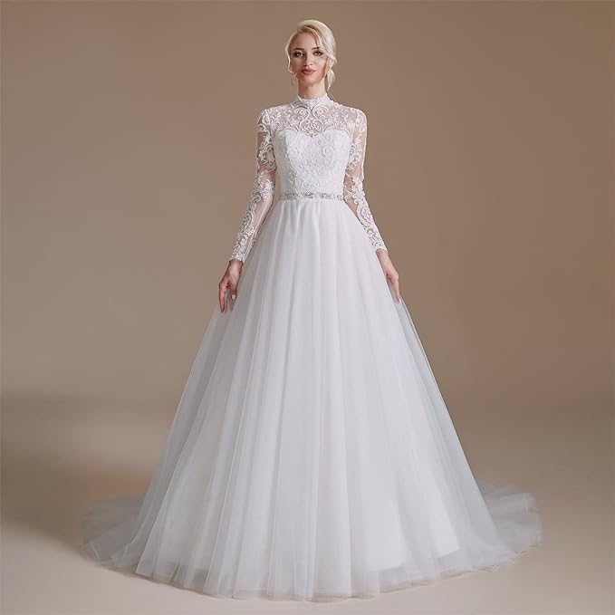 High Neck Vintage Lace Wedding Dress with Long Sleeves