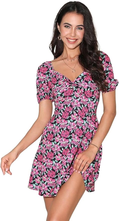 Sweetheart Neck Floral Puff Sleeve A-Line Mini Dress​