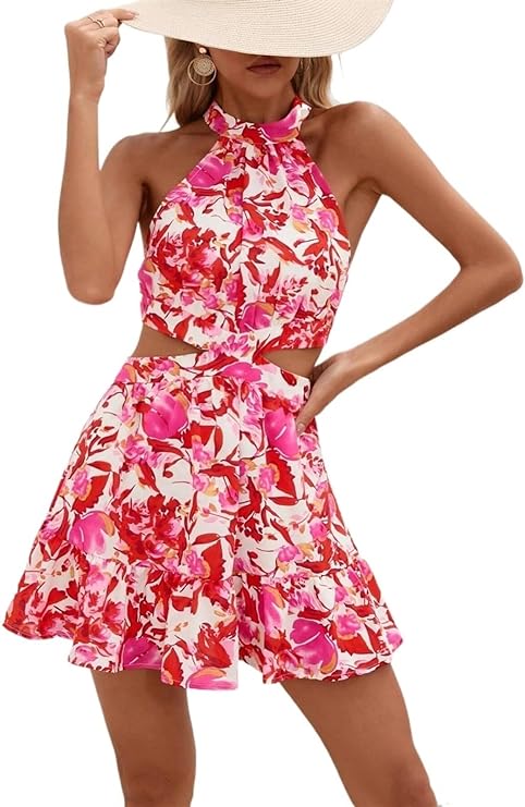 Cut-Out Waist Floral Halter Neck Mini Dress