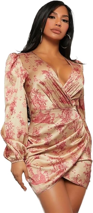 V Neck Wrap Floral Print Lantern Sleeve Ruched Mini Dress​