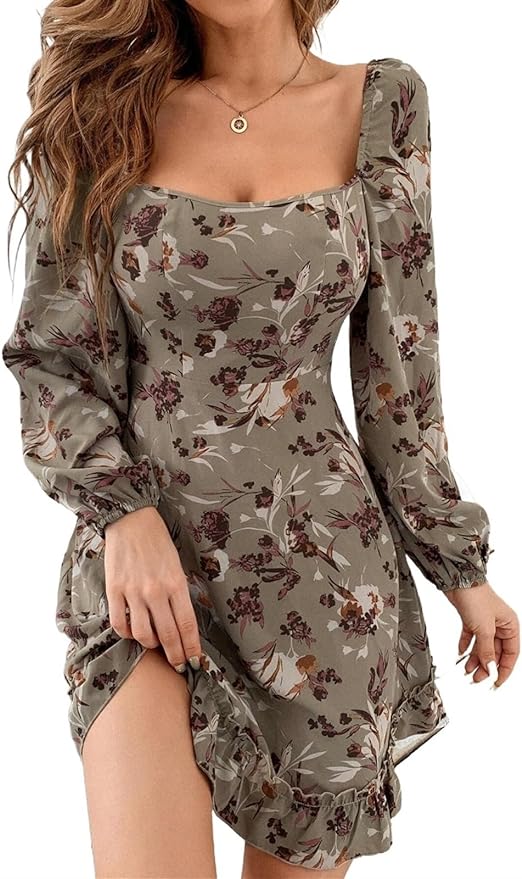 Floral Print Square Neck Ruffle Hem A-Line Mini Dress​