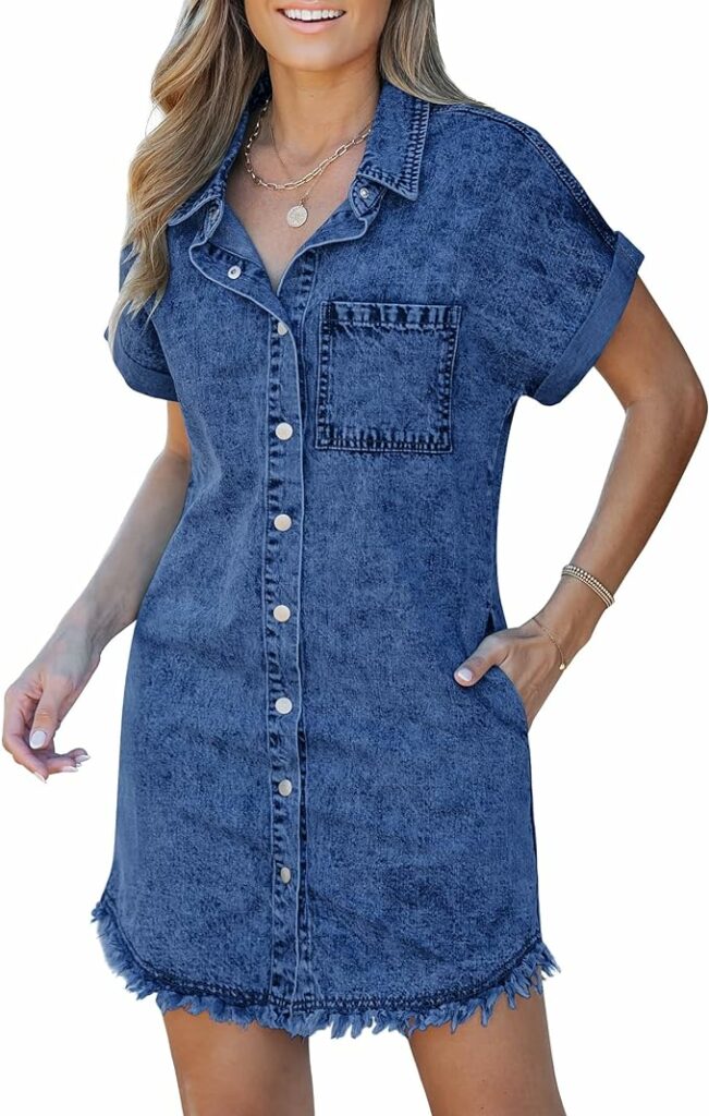 Denim Dress for Women with Pockets Frayed Hem