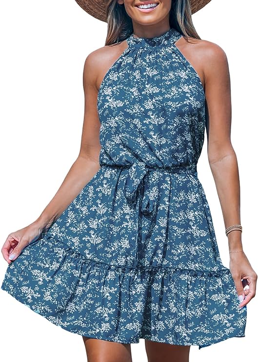 Halter Sleeveless Floral Belted Ruffle Mini Dress​