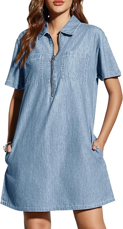 Short Sleeve Loose Jean Dress with Pockets