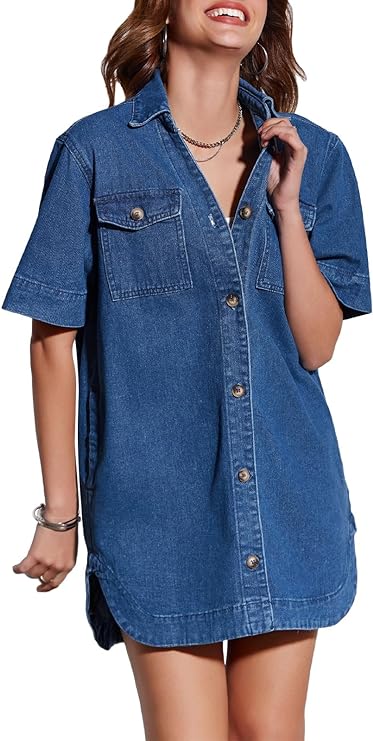 V Neck Half Sleeve Casual Jean Mini Dress